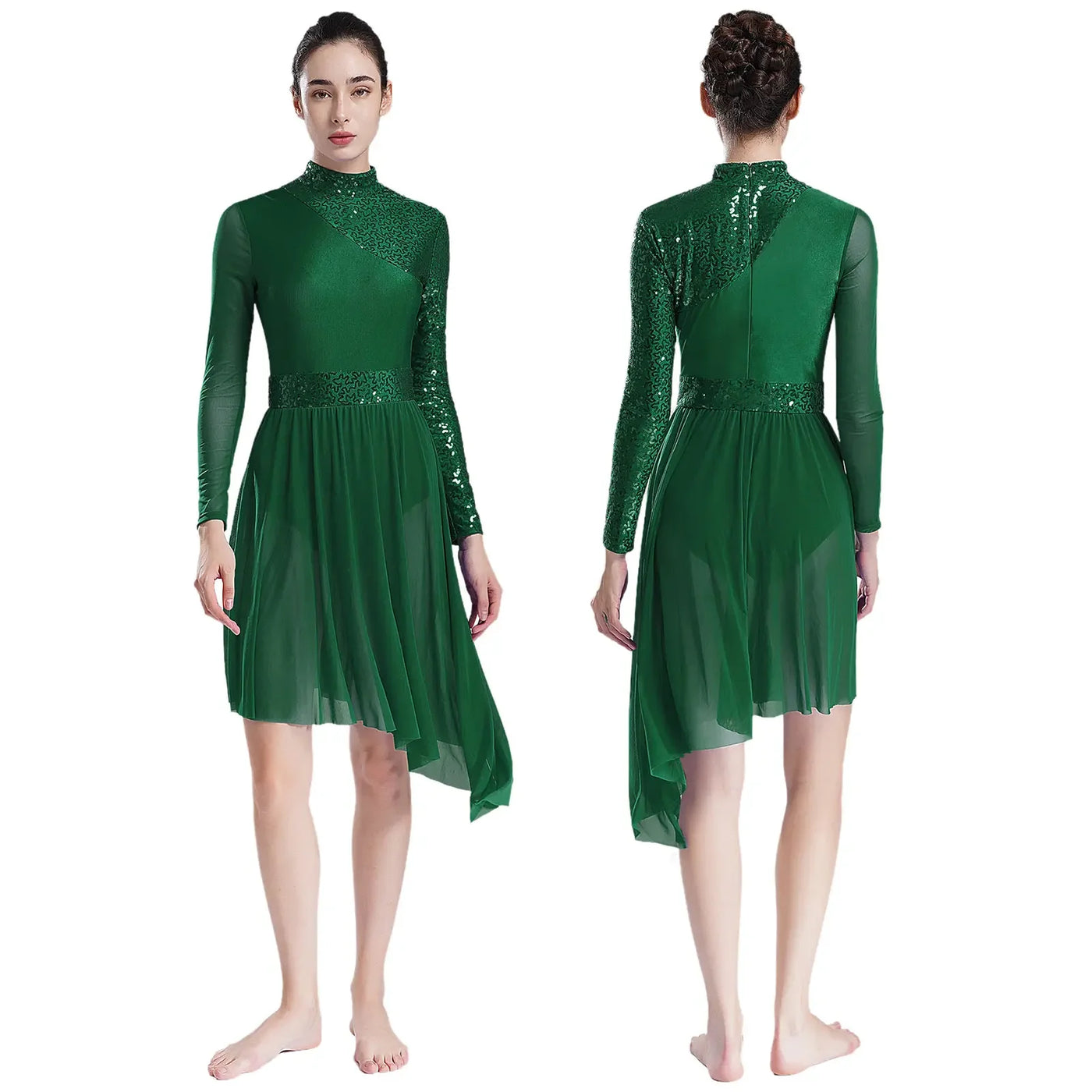 Women Modern Lyrical Dress Camisole Dance Costume Ballet Asymmetric High-Low Mesh Skirted Sleeveless Leotard Gymnastic Dancewear