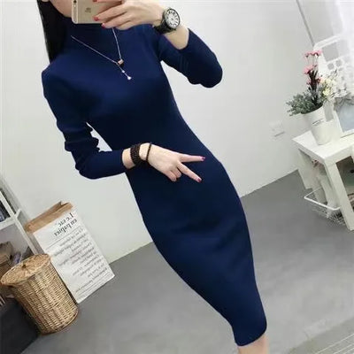 Fall Winter Turtleneck Slim Knit Dresses Women Casual Elegant Sweater Dress Korean Mid-length Soft Knitwear Vestidos Bottom Robe