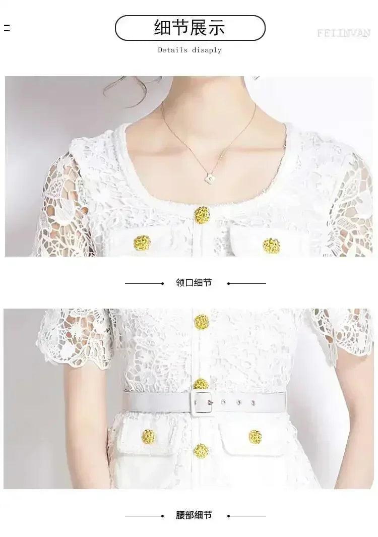 Luxury evening dress women summer vacation short sleeve pleated lace chiffon long dresses white single breasted midi