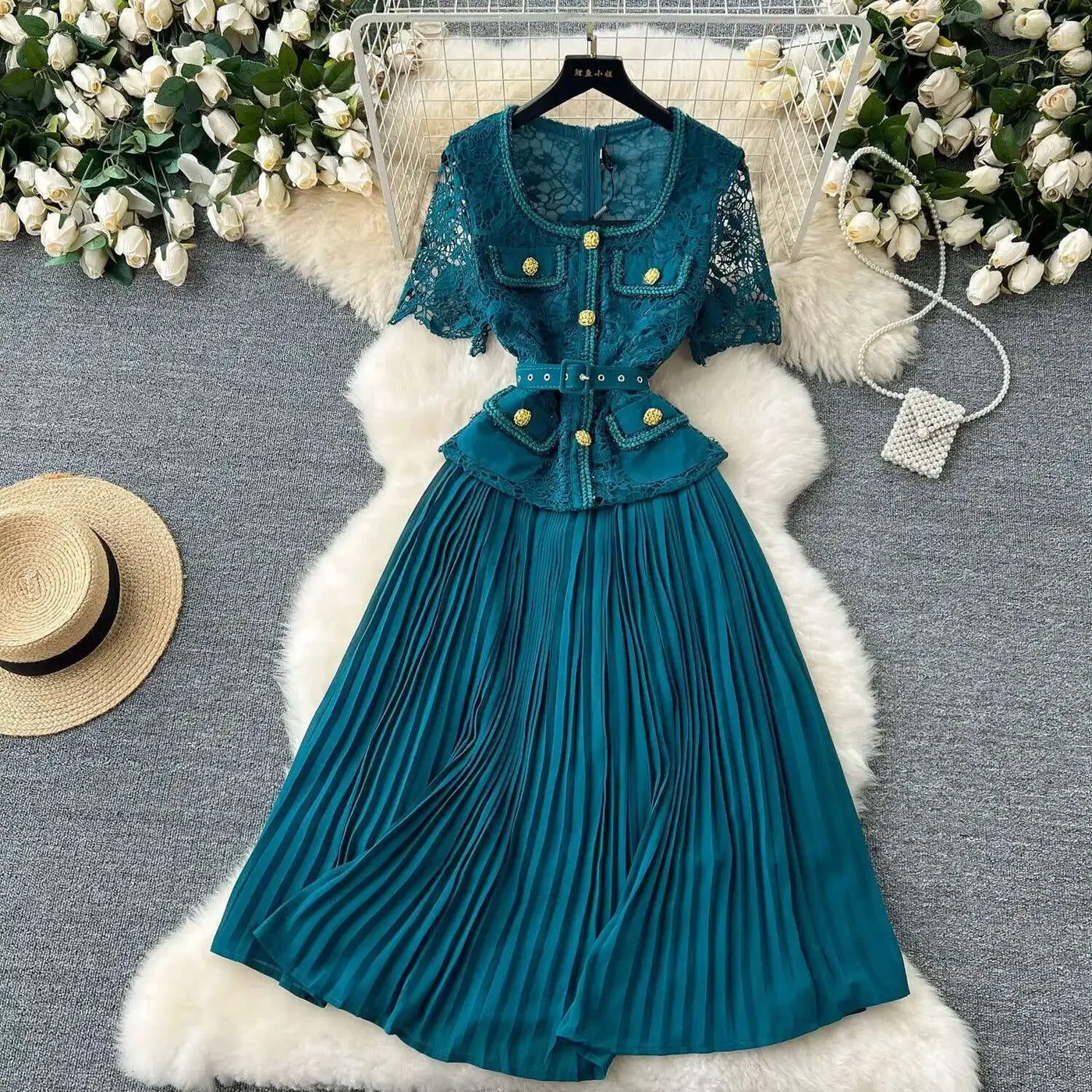 Designer 2025 Summer Pleated Chiffon Lace Long Dress Women Flower Embroidery Gold Button Belt Evening Party Dresses Wedding Robe