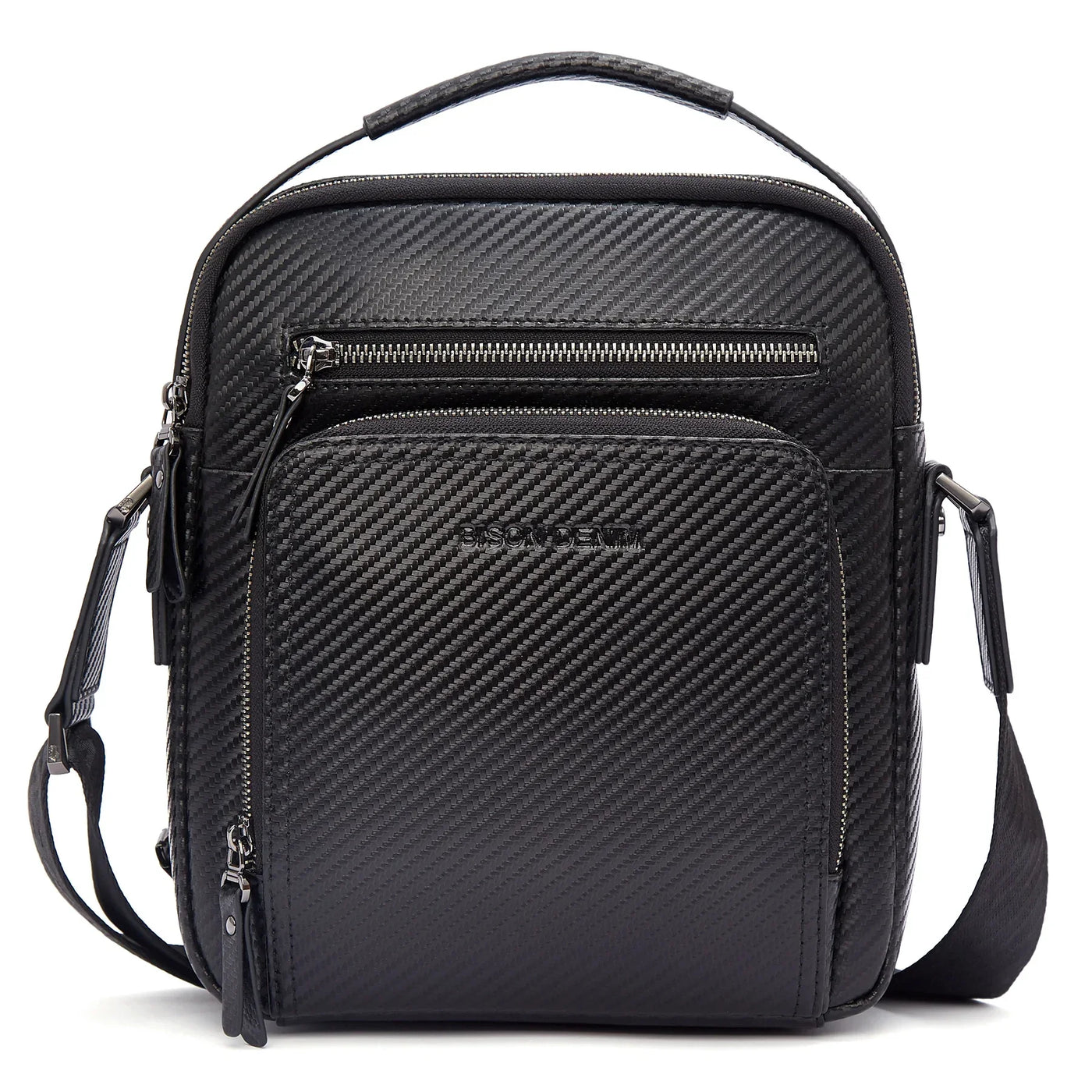 BISON DENIM Carbon Fiber Messenger Bag Men Casual Cowhide Leather Shoulder Crossbody Bag Gift Designer Handbags