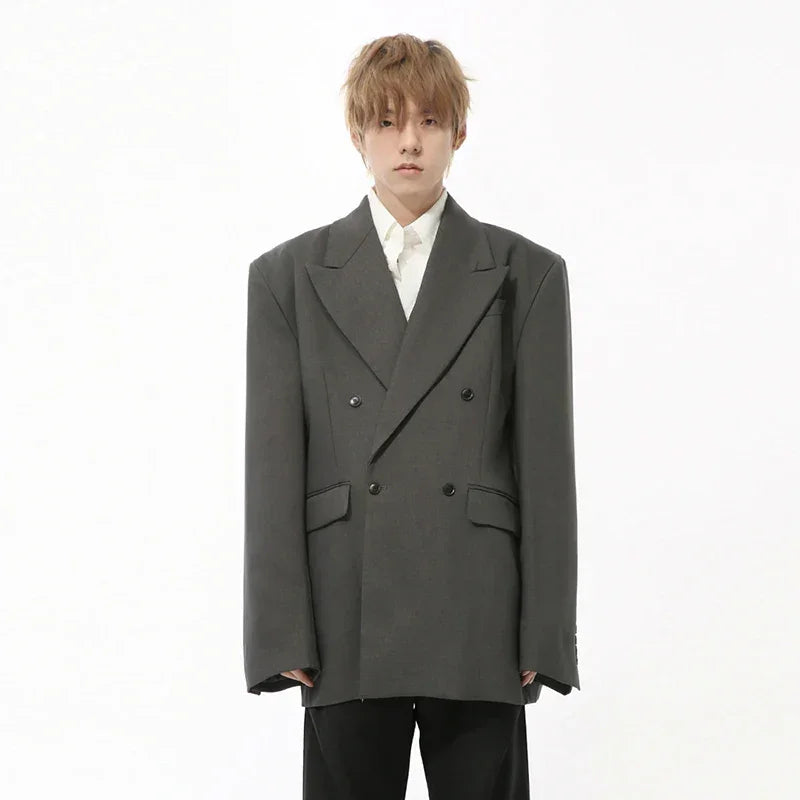 IEFB Korean Style Men's Blazers Double Breasted Shoulder Padded Tops Turn-down Collar Solid Color Loose Male Suit Jackets 9C8669