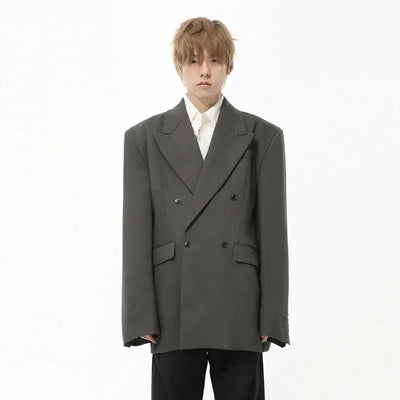 IEFB Korean Style Men's Blazers Double Breasted Shoulder Padded Tops Turn-down Collar Solid Color Loose Male Suit Jackets 9C8669