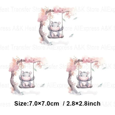 Baby Animal On Swings Heat Transfers For Kids Clothing Elephant Tigers Lion Stickers On Clothes Diy Thermal Patches Decals
