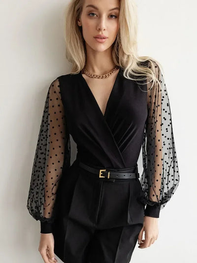 Spring/Summer Women's Tights Stretch fabric balloon sleeves crossover collar polka dots long sleeves mesh panels