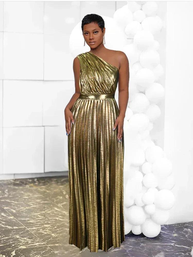 Elegant women even dresses luxury maxi long metallic pleated dress one shoulder sleeveless premium shiny shimmer gowns