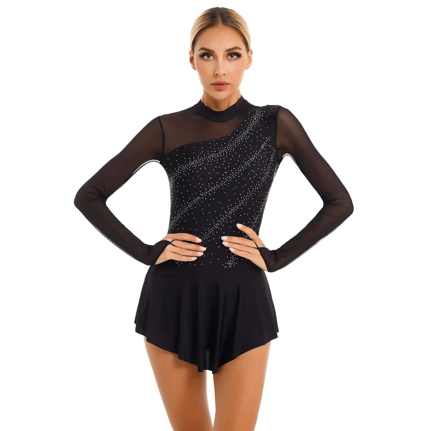 Women Modern Lyrical Dress Camisole Dance Costume Ballet Asymmetric High-Low Mesh Skirted Sleeveless Leotard Gymnastic Dancewear