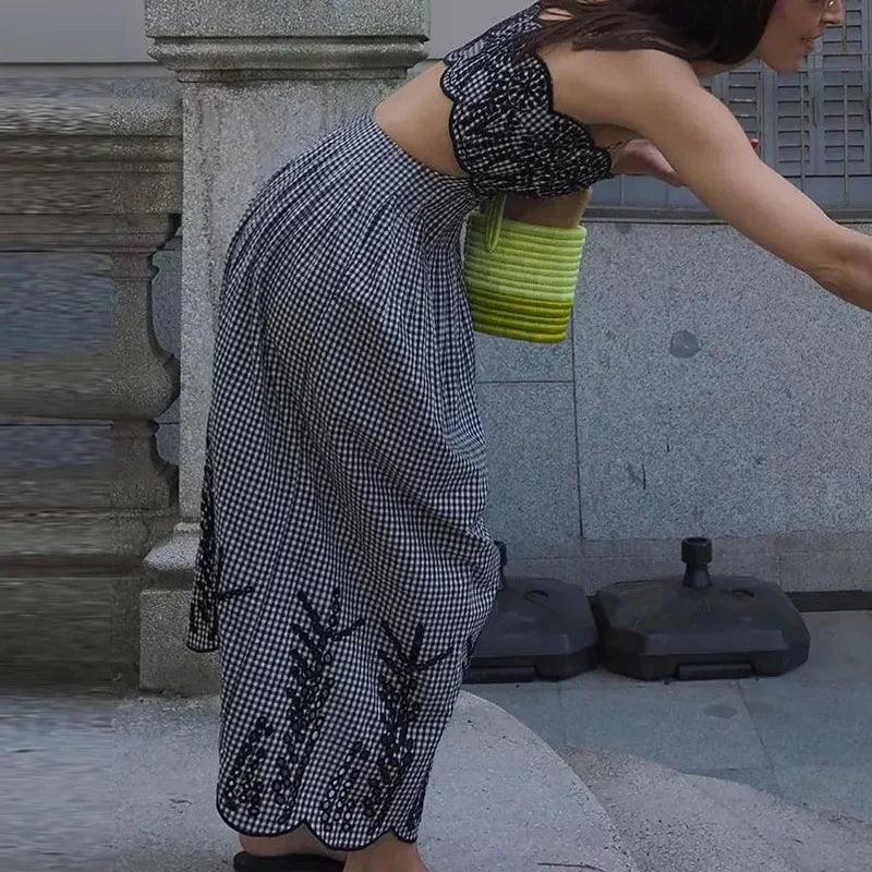 Embroidery Slip Dress Women Sleeveless Plaid Long Dresses Woman Cut Out Backless Midi Dress Elegant Vacation Party Dresses