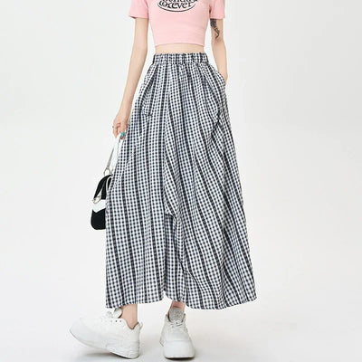 Summer Women Checkered A Line Skirt High Waist Slim Fit Pleated Length Fashion Irregular Contrast Colors Flowy Swing Style