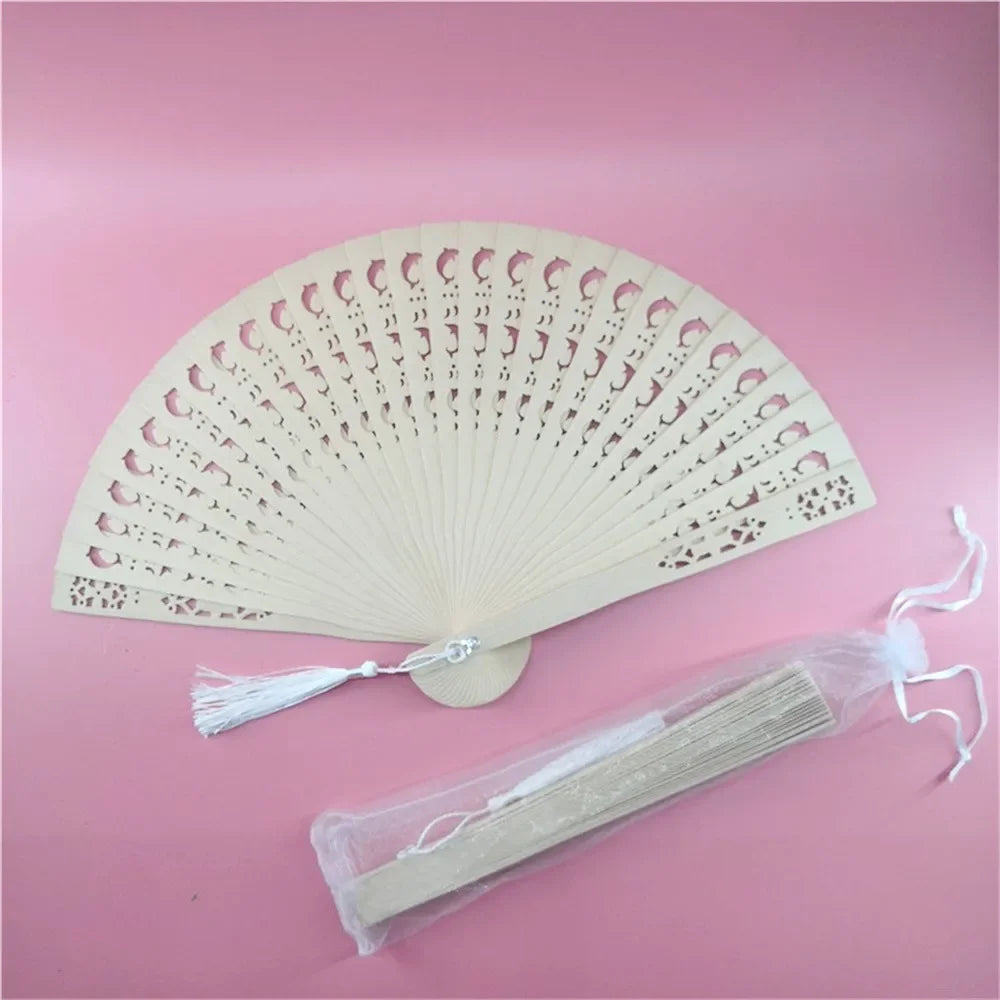 Folding Hand Fans Fashionable Engraved Women Elegant Wood Gifts Fan With Bags Tassels Wedding Mariage Festival Party Dance Props