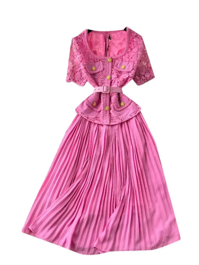 Designer 2025 Summer Pleated Chiffon Lace Long Dress Women Flower Embroidery Gold Button Belt Evening Party Dresses Wedding Robe