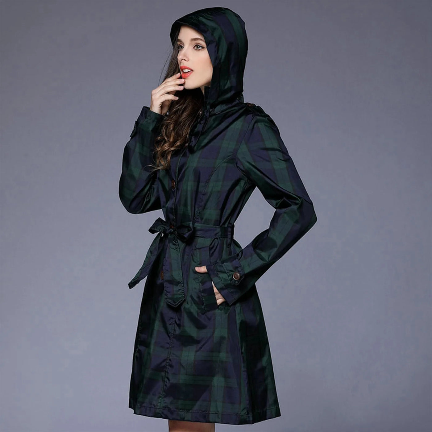 Women'S Checkered Waistband Hooded Overcoat Lightweight Breathable Fashionable Trench Raincoat Harajuku Y2k Streetwear Jacket