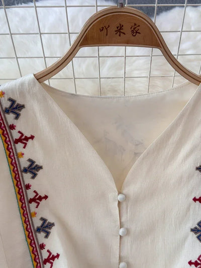 European American Style Women's New Cotton Linen 2024 Fashionable Lace Up Waist Slimming Patchwork Embroidered Short Dress A132