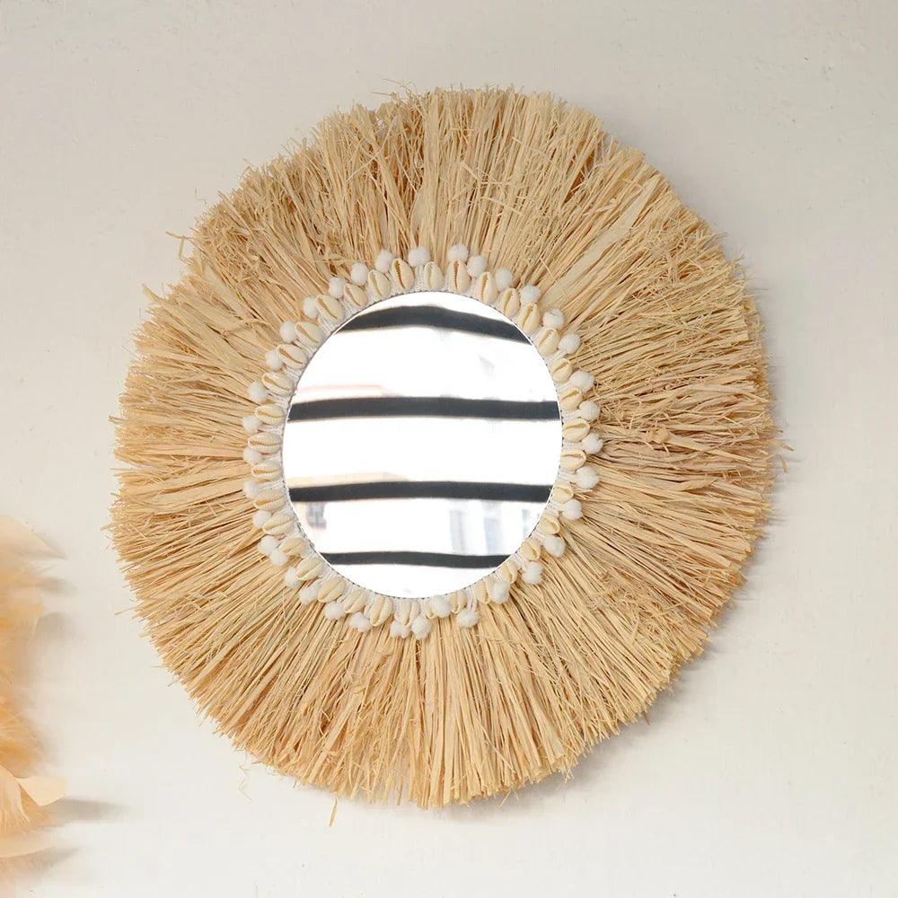 Home decor hanging mirror raffia wood beads acrylic multifunct decorative decorations bedroom wall room