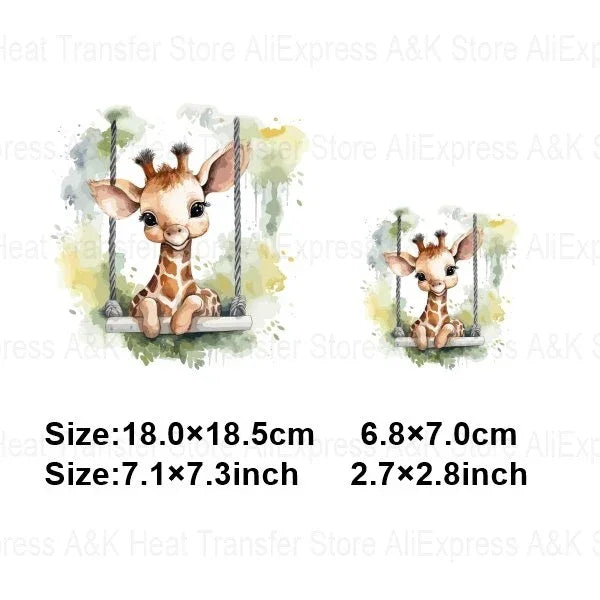 Baby Animal On Swings Heat Transfers For Kids Clothing Elephant Tigers Lion Stickers On Clothes Diy Thermal Patches Decals