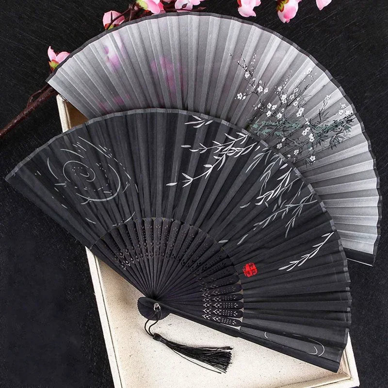 Hand Folding Fan BambooSilk Chinese Fan Hand Women Black Fan Summer Female Dance Hand Folding Fan Party Gift Hand Fans For Women