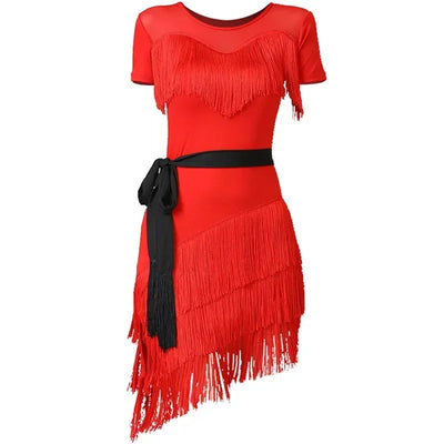 Women Latin Dance Outfit for Female Adults High End Slim Short Sleeve Tassel Split Dress Purple Red Sexy Practice Dance Clothing