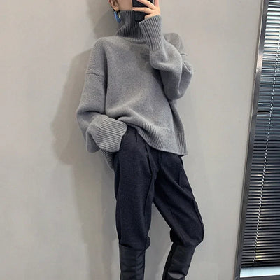 Women's Turtleneck Long Sleeve Sweater Oversize Pullovers Top Female Autumn Solid Gray Khaki Knitted Sweaters for Women Knitwear