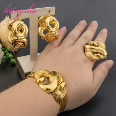 Fashion Jewelry Set for Women Large Hoop Earrings and Bangle Ring Weddings Bride Trendy Bracelet and Earrings Jewelry Set