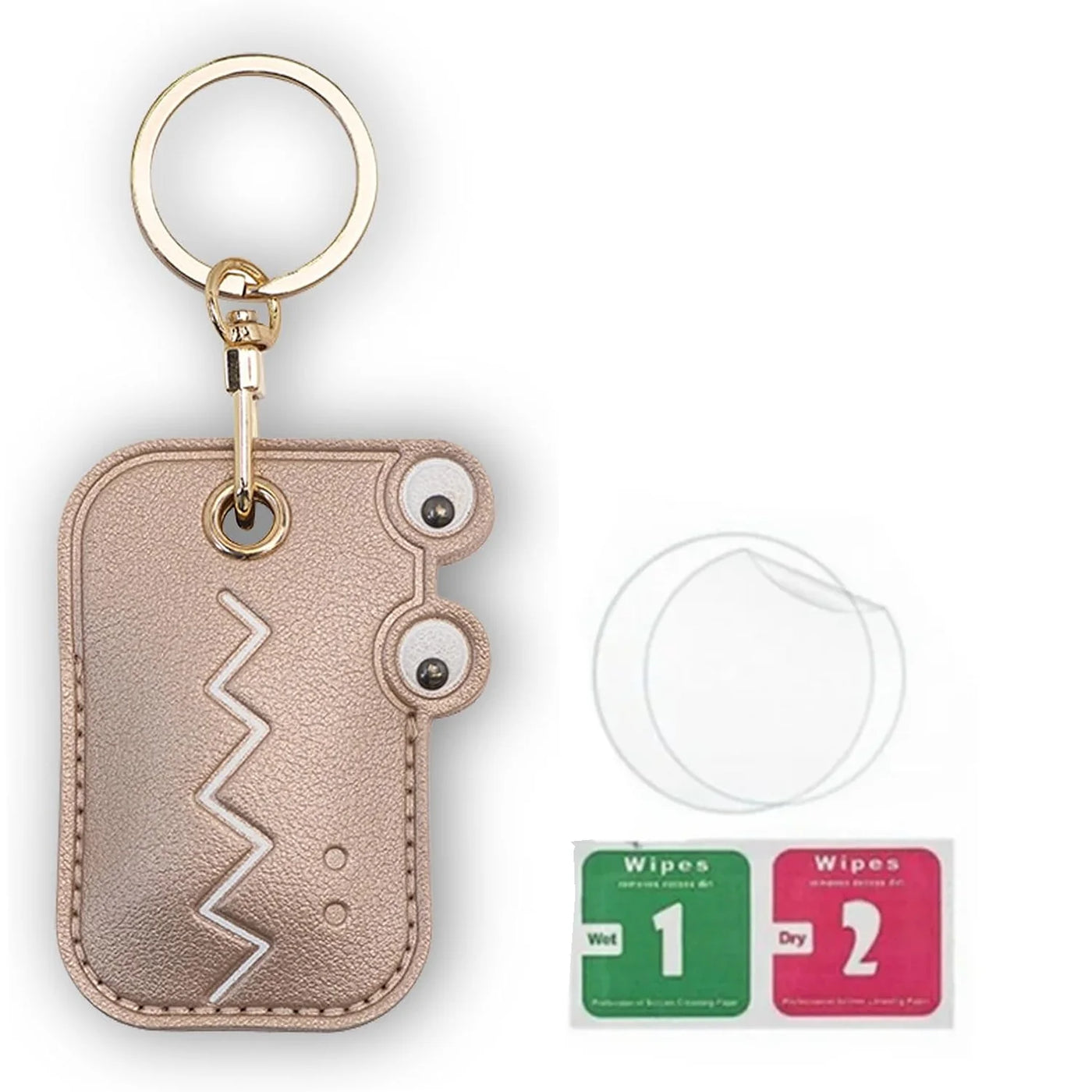 Rose gold crocodile AirTag keychain with hand straps, wipes, lens cleaner