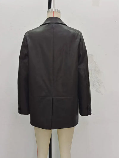 2025 Women Autumn Blazers Coats Casual Solid Loose Leather Single Breasted Female Elegant Street Blazer Outerwear Clothing
