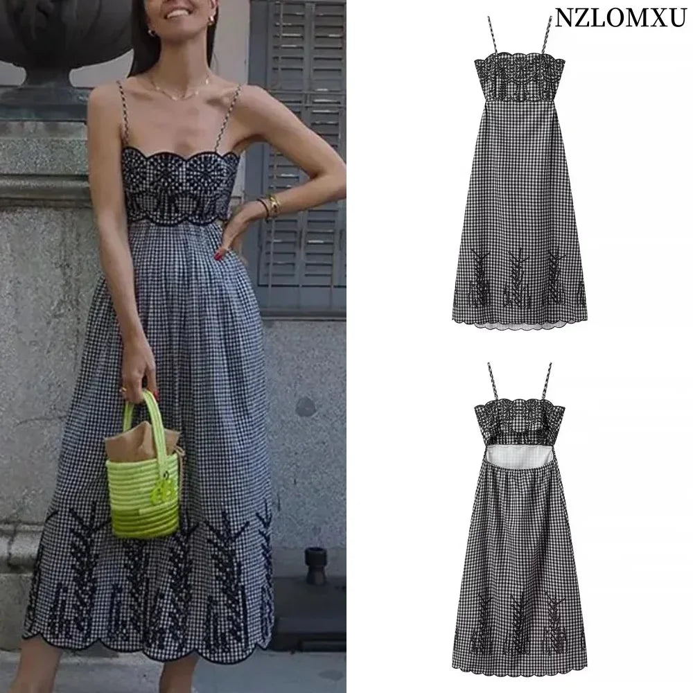 Embroidery Slip Dress Women Sleeveless Plaid Long Dresses Woman Cut Out Backless Midi Dress Elegant Vacation Party Dresses