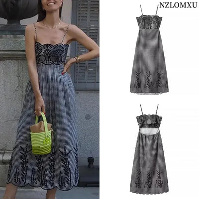 Embroidery Slip Dress Women Sleeveless Plaid Long Dresses Woman Cut Out Backless Midi Dress Elegant Vacation Party Dresses