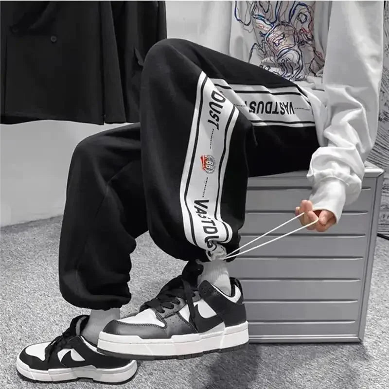 Men New Pant Casual Sweat Pants Solid Color Loose Drawstring Wide-leg Letter Trouser Fashion Straight Casual Pants for Men