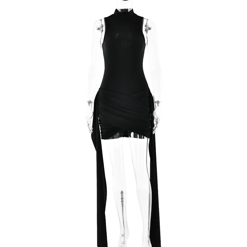 Turtleneck Sleeveless Sexy Mini Dress for Women Fashion Irregular Ruched Tank Dress Femme Elegant Club Party Dress Vintage Y2k