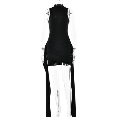 Turtleneck Sleeveless Sexy Mini Dress for Women Fashion Irregular Ruched Tank Dress Femme Elegant Club Party Dress Vintage Y2k