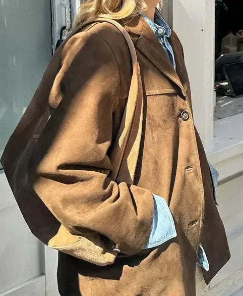 2024 Women's Autumn Coats Vintage Brown Suede Leather Women's Blazer Jacket Fashion Lapel Single Breasted Pocket Short Jacket - Elanique