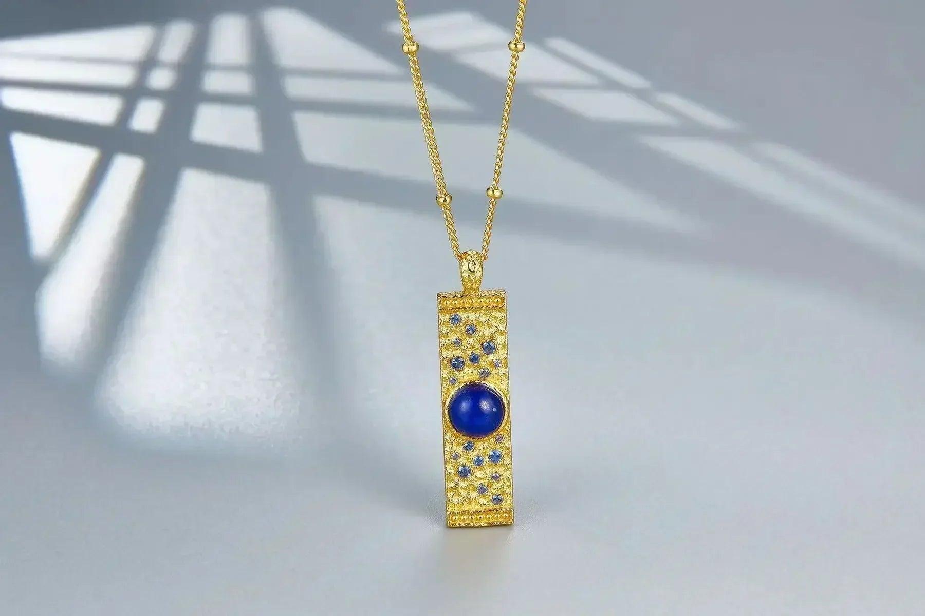 Lapis lazuli cz 925 silver gold plated hammered bar pendant necklace women blue stone geometric trendy dainty luxury