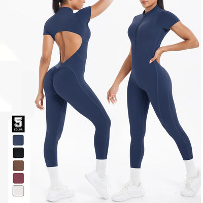 Sexy Backless Bodycon Scrunch Jumpsuit Raises Butt Women Dance Fitness Overalls Push Up  With Chest Cushion Yoga Sport Jump Suit