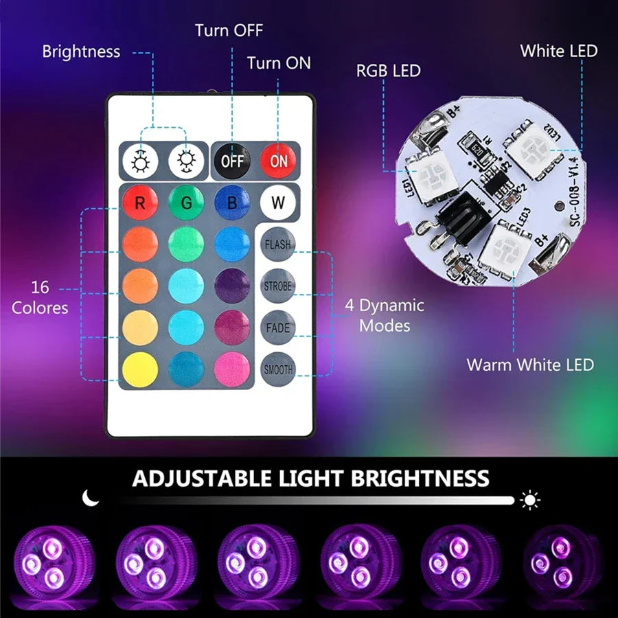 RGB LED Underwater Light With Remote Control Battery Powered 3LEDs Submersible Lamp Waterproof For Swimming Pool Garden Party
