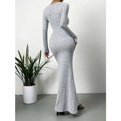 Autumn Women Dress Long Sleeved Grey Office Lady Dress Elegant Outfit Knitting Robe Vintage Gown Fashion Solid Female Clothing