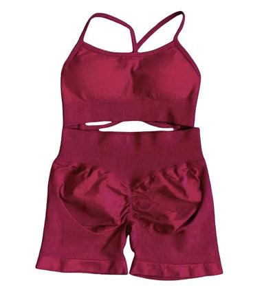 2025 Yoga High Quality Set Solid Color Women's Sports Hip Lift Shorts Cross Bra Shockproof Backrest Sling 2-piece Set Summer