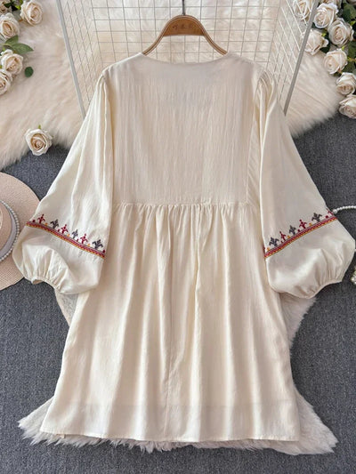 European American Style Women's New Cotton Linen 2024 Fashionable Lace Up Waist Slimming Patchwork Embroidered Short Dress A132