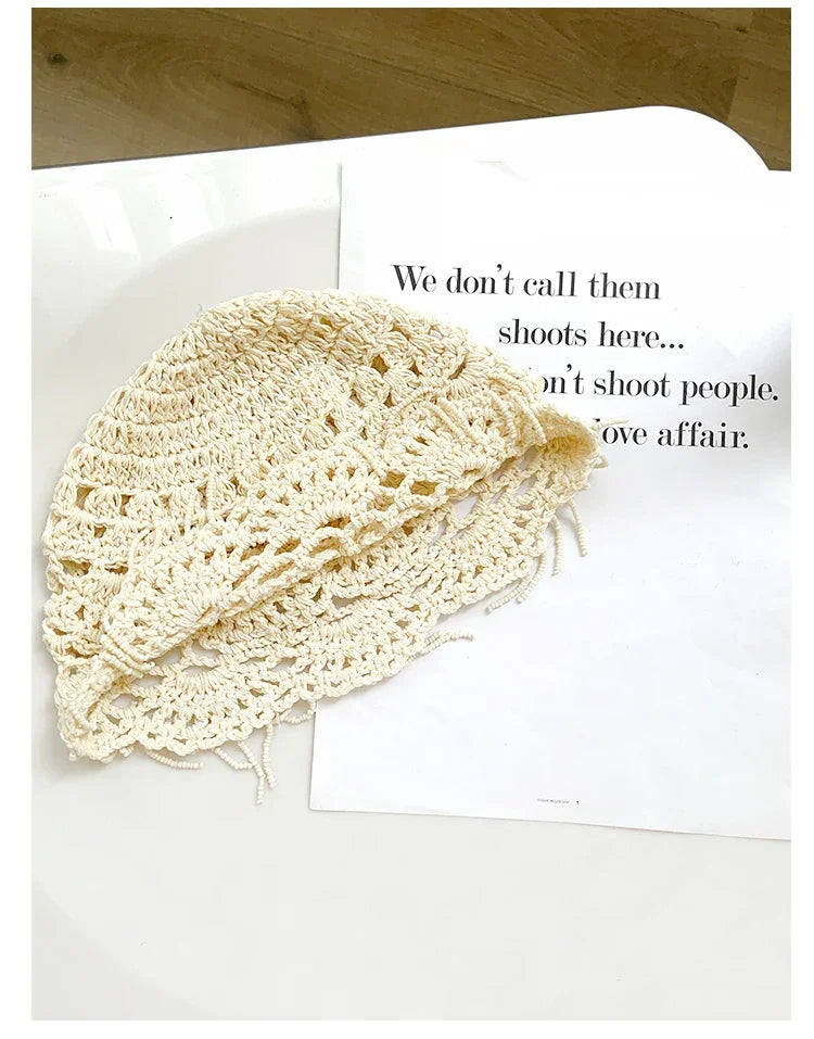Personalized Beaded Fringed Knitted Beanies for Women Summer Autumn Thin Hollow Versatile Casual Retro Ethnic Style Pullover Hat