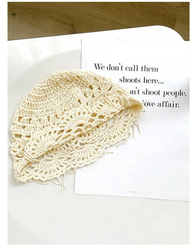 Personalized Beaded Fringed Knitted Beanies for Women Summer Autumn Thin Hollow Versatile Casual Retro Ethnic Style Pullover Hat