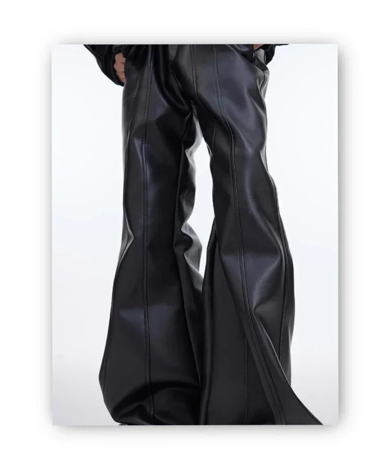 Mauroicardi Autumn Cool Handsome Long Black Matte Baggy Pu Leather Wide Leg Pants for Men High Waist Emo Luxury Designer Clothes