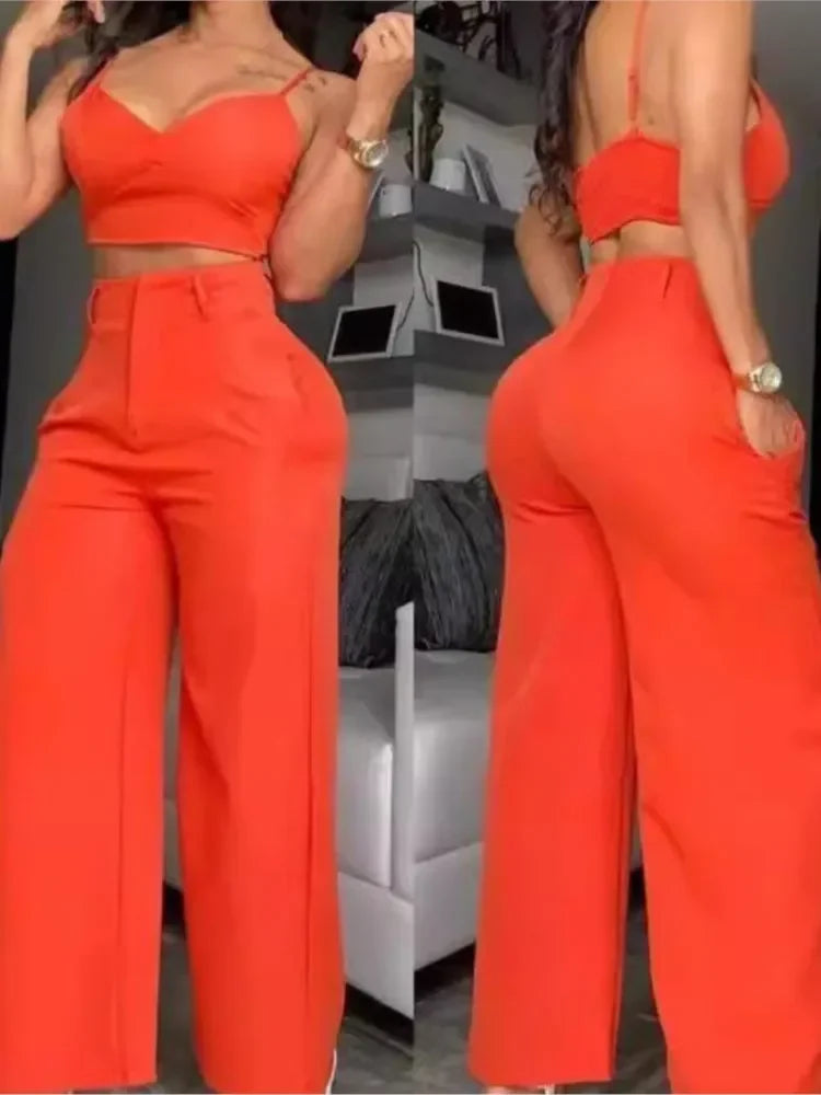 2 Piece Set Women V-Neck Red Top