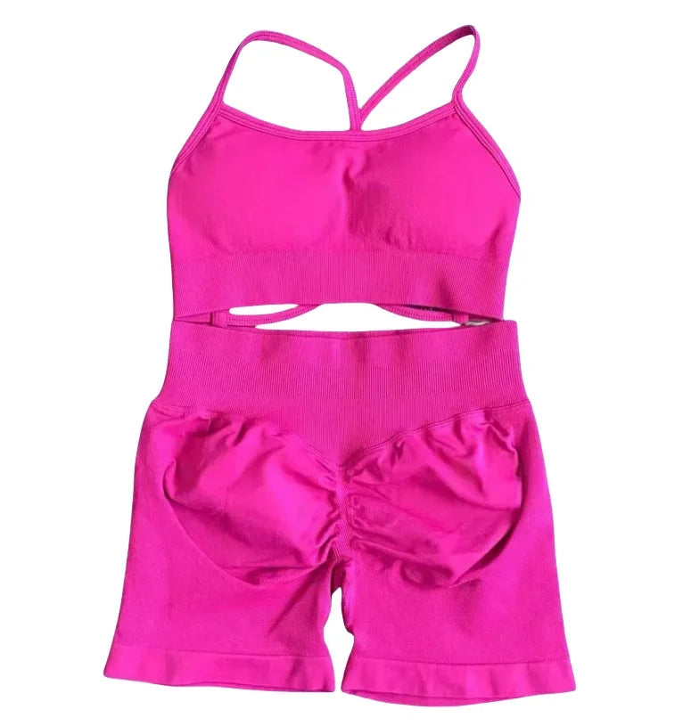 2025 Yoga High Quality Set Solid Color Women's Sports Hip Lift Shorts Cross Bra Shockproof Backrest Sling 2-piece Set Summer