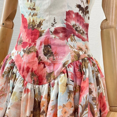 Linen 2025 Summer High Quality New Sleeveless White A-line Cut Out Floral Print Pleats Women Mini Dress