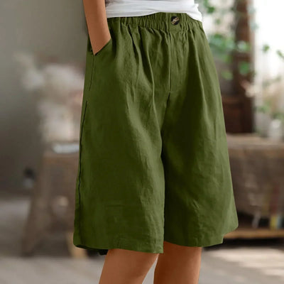Women's Fashion Solid Color Cotton Linen Shorts - Loose Elastic Waist Capris with Pocket and Button Up Design