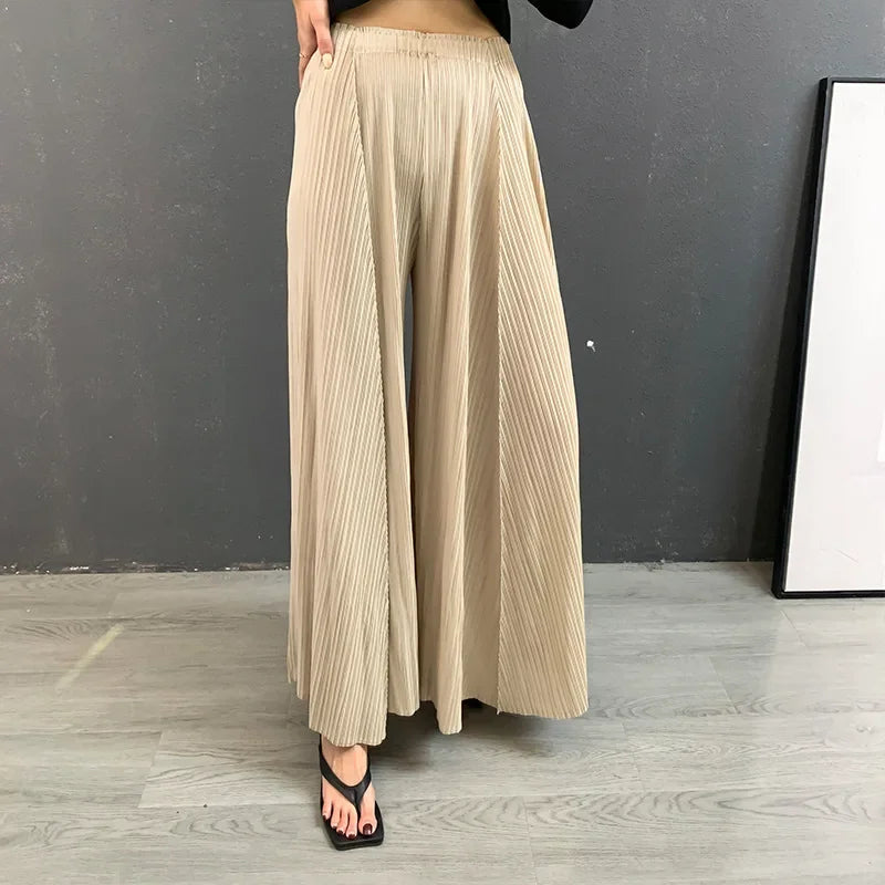 Pleated Wide Leg Pants For Women New Autumn 2025 Solid Color Elastic Waist High Quality Loose Casual Trousers Female