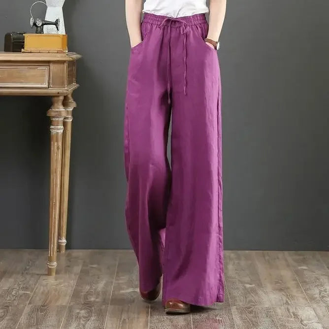 Women Wide Leg Pants Solid Loose Length Pants Cotton Linen Elastic Waist Casual Pants Vintage Mid Waist Pants 5XL