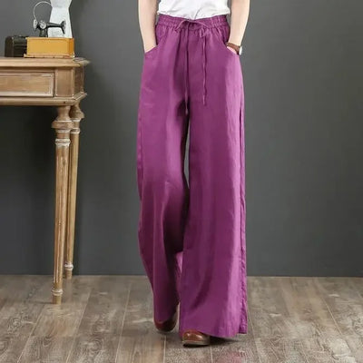 Women Wide Leg Pants Solid Loose Length Pants Cotton Linen Elastic Waist Casual Pants Vintage Mid Waist Pants 5XL