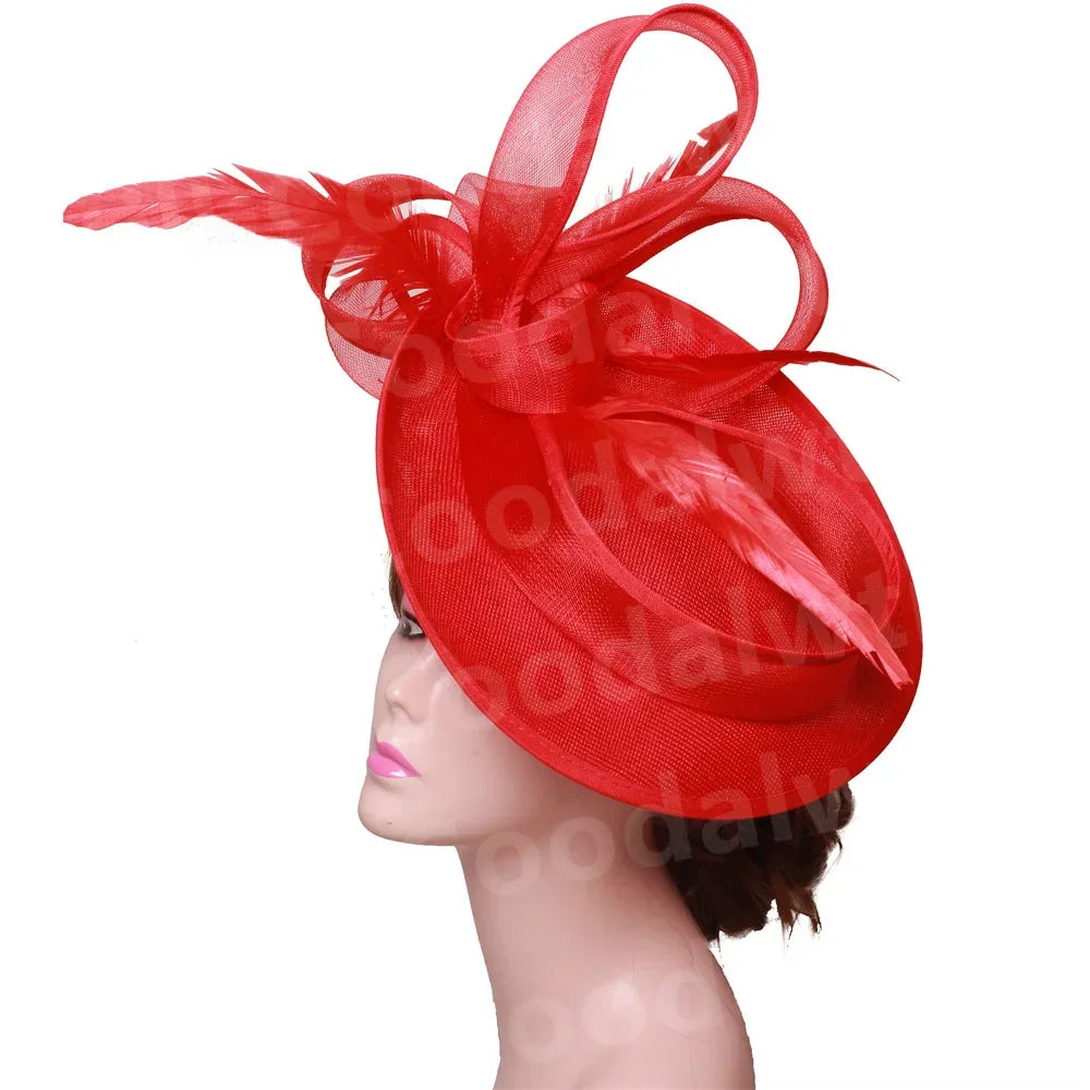 Royal Ascot Red Hair Fascinator Veils Hat Women Church Wedding Fascinaors Hat Headband Feather Derby Headpiece Ladies Chapeau