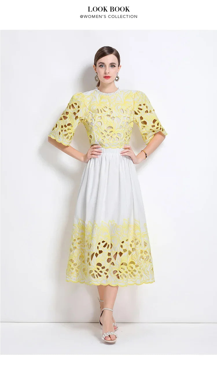 Summer Short Sleeve A-LINE Set Skirt for Women Fashion Ruffled Collar Embroidery Set Skirt Women Vestidos De Verano Mujer Q344