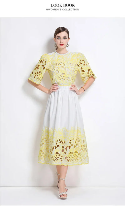 Summer Short Sleeve A-LINE Set Skirt for Women Fashion Ruffled Collar Embroidery Set Skirt Women Vestidos De Verano Mujer Q344